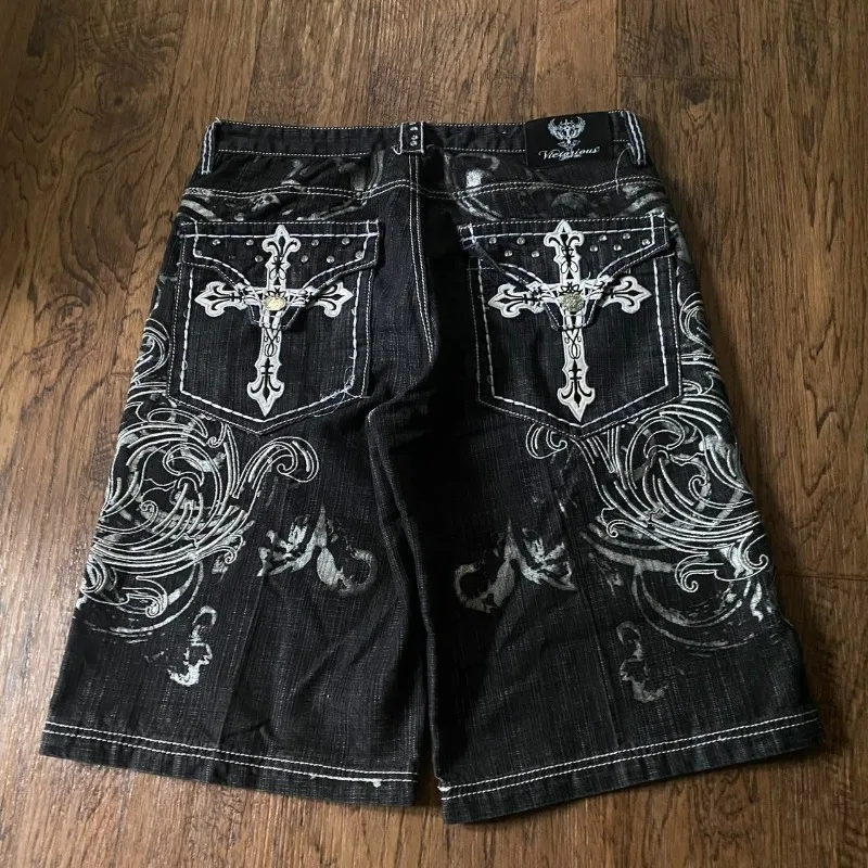 2026 hot American Fashion Pattern Letter Embroidery Baggy Denim Shorts Women Street Vintage Hip Hop Casual Shorts Women Clothing