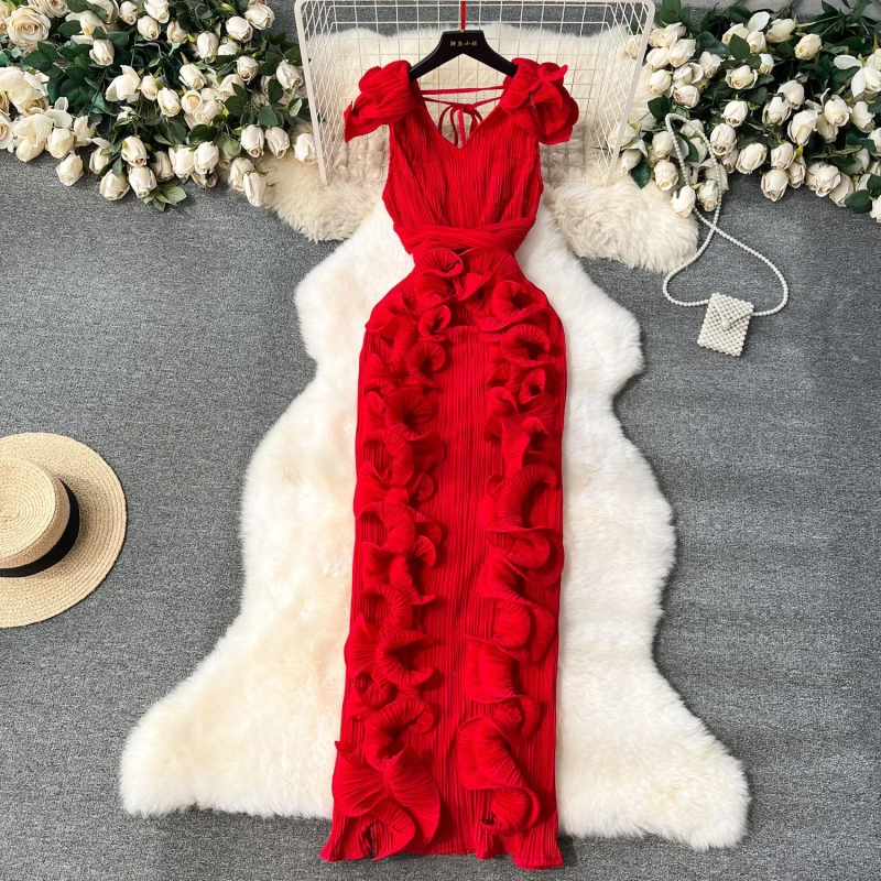 أنيقة المرأة الكشكشة الربط الخامس الرقبة أكمام Bodycon ميدي مطوي ماكسي فستان طويل السيدات عيد ميلاد مثير نادي فساتين الحفلات