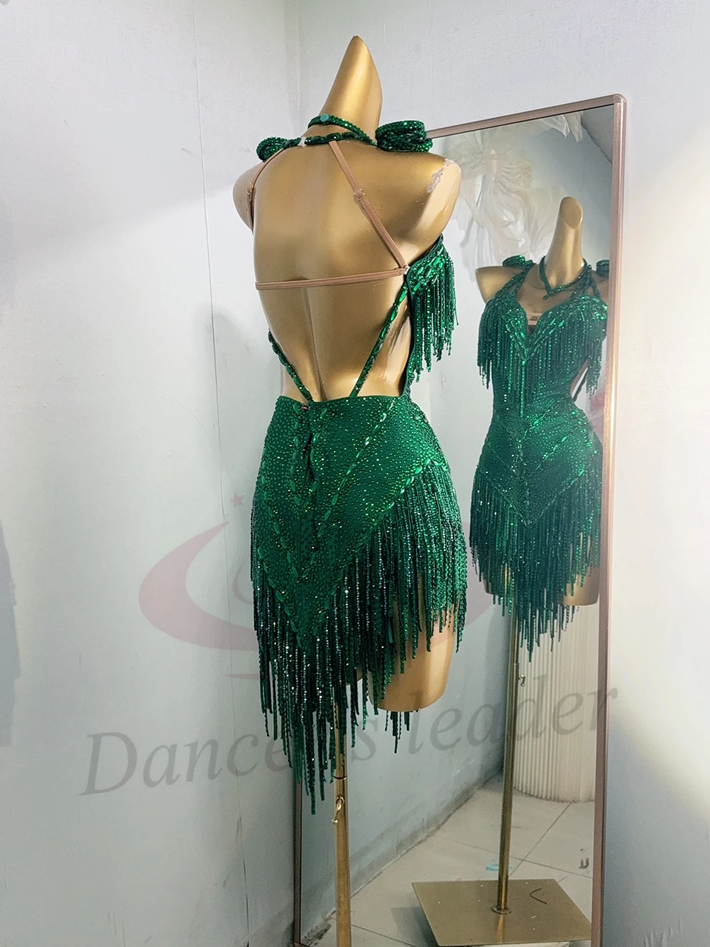 Costume de danse latine AB Stone pour femmes et enfants, robe verte Jade personnalisée haut de gamme, robe de spectacle Samba