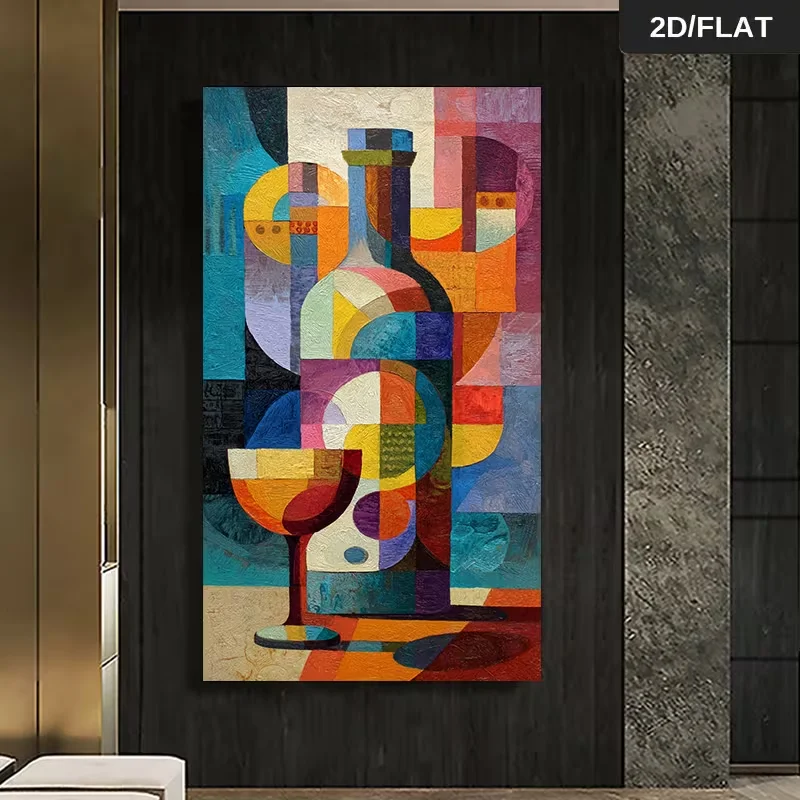 1pc Large Modern Cubist Abstract Wine Bottle & Wine Glass Wall Art - Multicolor Geometric Cubist Painting (70x140cm/27.5