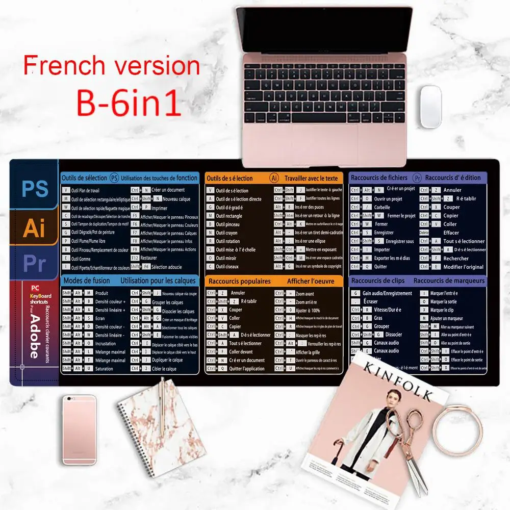النسخة الفرنسية Excel/Word/Windows/PPT لوحة ماوس من ورقة الغش، لوحة مفاتيح الكمبيوتر لطلاب عمال المكاتب مكتب حصيرة مكتبية