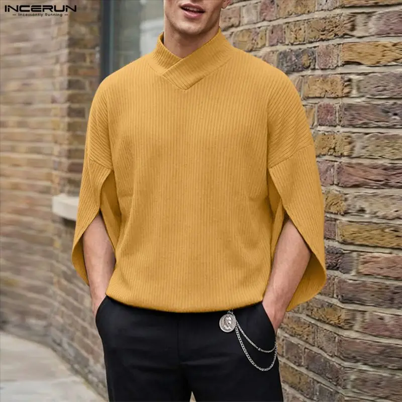 INCERUN Men T Shirt Solid Turtleneck 3/4 Sleeve Fashion Male Tee Tops Knitted Korean Style Streetwear 2026 Casual Men Clothing