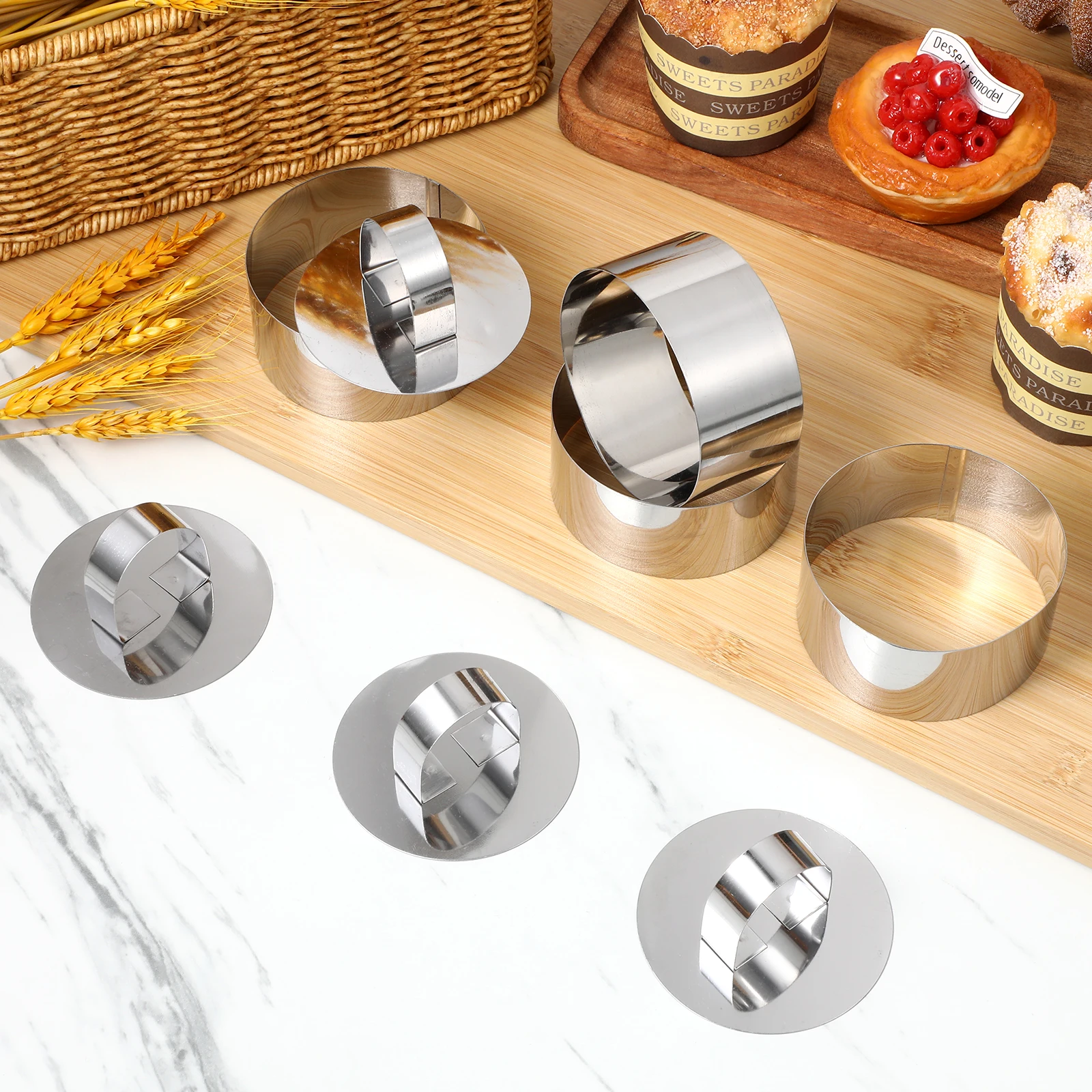 

8 Pcs Stainless Steel Round Cake Rings Baking Molds Set with Pushers for Mousse Desserts and Pastries