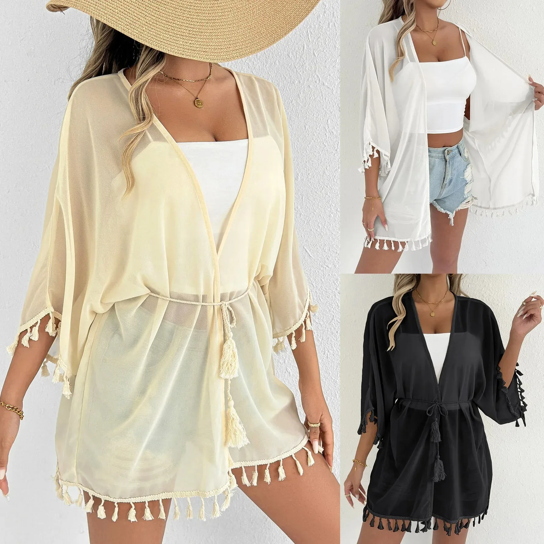 Senhoras casual praia biquíni protetor solar outerwear chiffon retalhos cor pura borla splice verão férias moda cobrir