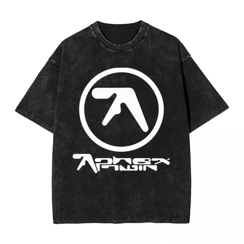 T-Shirt Aphex Twin Washed Black Print Baumwolle Grafik Übergroße koreanische Mode Kurzarm Tops T-Shirts Y2k für Männer Frauen T-Shirt