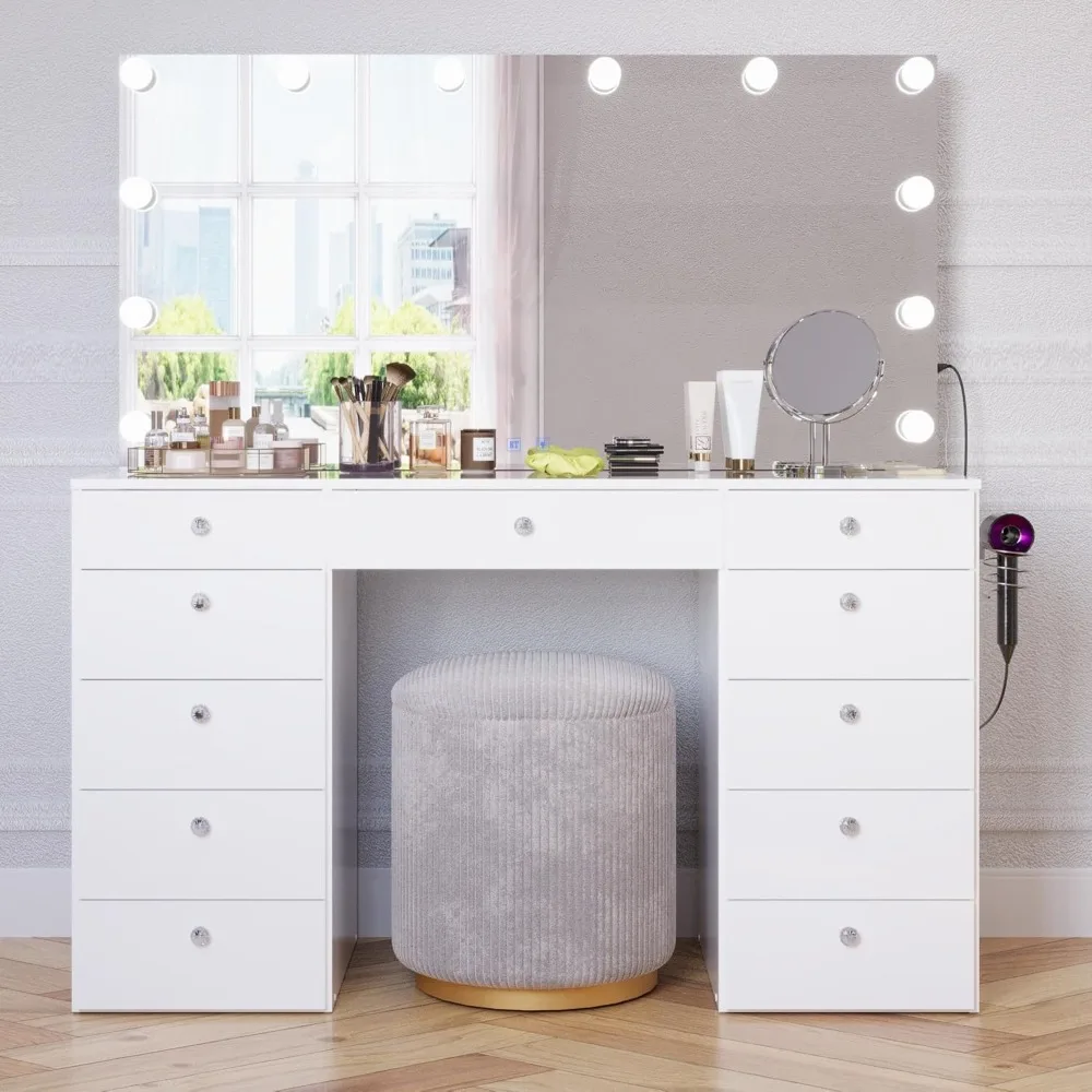 

elle white makeup vanity desk with bluetooth speaker, hollywood lights, drawers, crystal knobs, usb ports