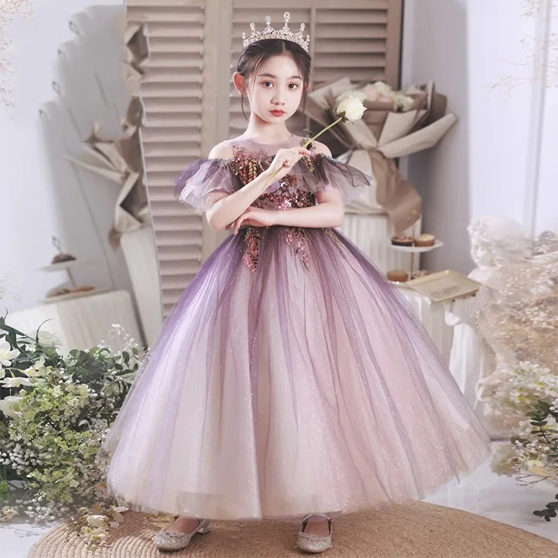 Flower Girls Birthday Party Princess Purple Off Shoulder Haftowana suknia ślubna Prom New Year Puszysta tiulowa sukienka dziecięca