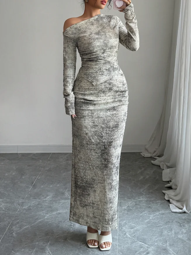 หญิงElegantไหล่เอียงแขนยาวสะโพกWarpชุดกระโปรงเสื้อผ้าผู้หญิงฤดูใบไม้ร่วงใหม่แฟชั่นกระโปรง 2 ชิ้นชุด