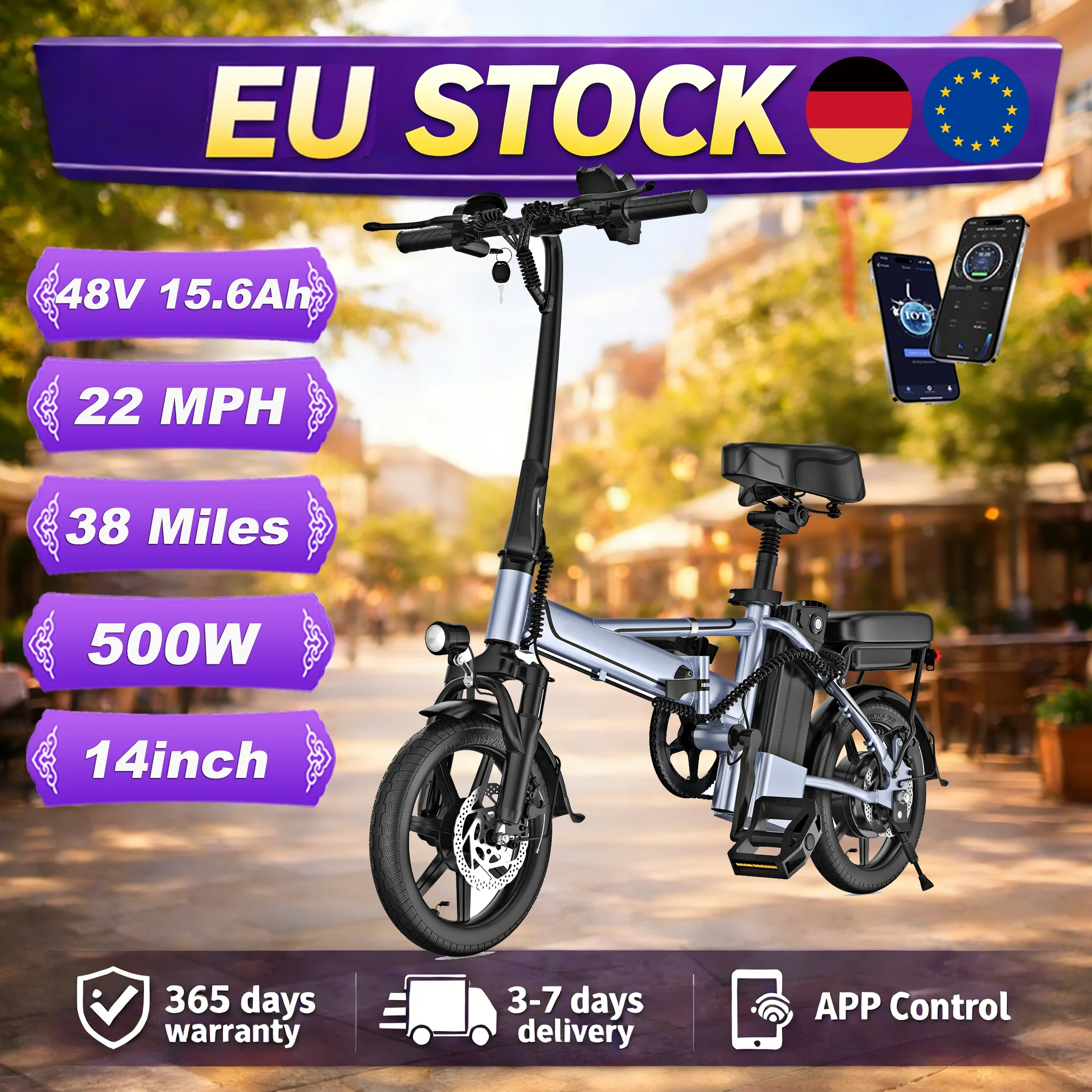 Vélo Électrique 2026 EU 500W, Batterie 48V 15.6Ah, E-bike Adulte 14 Pouces, 22 MPH, 61 KM d'Autonomie, Vélo Électrique Urbain pour Adultes