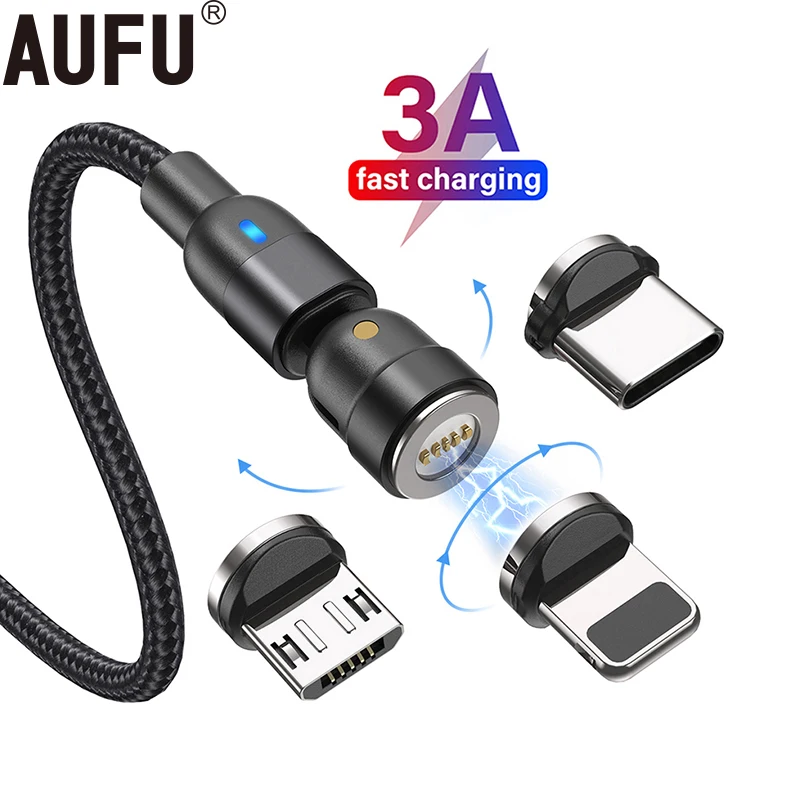 AUFU 2m 3m Magnetic Cable USB Type C For Huawei P20 P30 pro Usb C Cable Micro 3A Fast Charging Magnet Charger cable 540 rotate