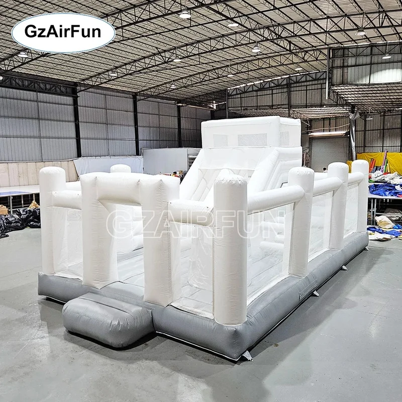 White Inflatable Bounce House Park With Slide, Full Safety Mesh Fence Inflatable Play Castle for Backyard & Commercial Event