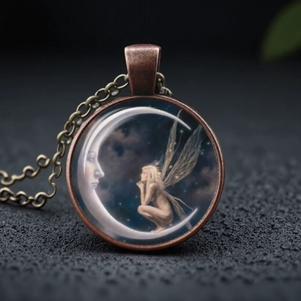 Fairy Moon Art Pendant Necklace Women Tibetan Silver Photo Jewelry Glass Cabochon Chain Accessories