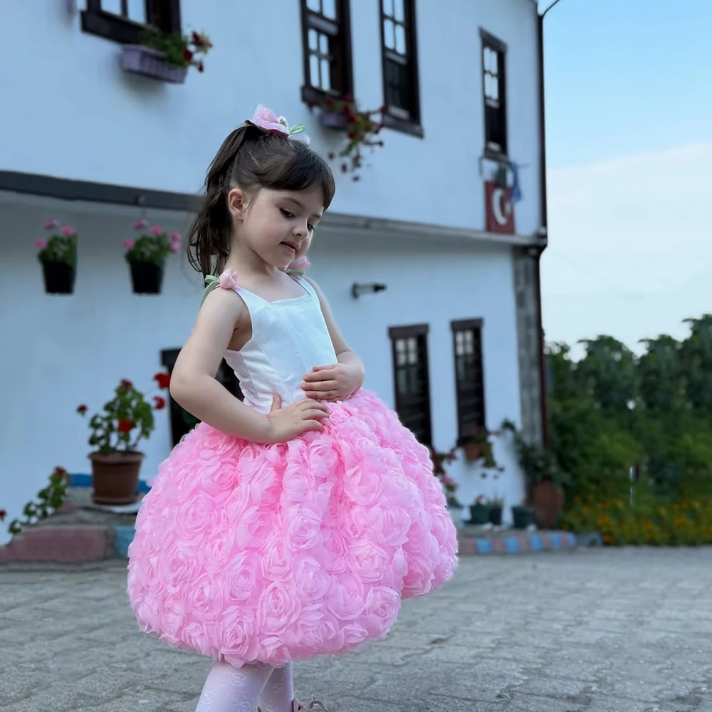 

Verngo Cute Pink Flowers 3D Princess Girl Birthday Dresses O Neck Sleeveless A Line Ball Gowns Bow Kid Gowns Customized