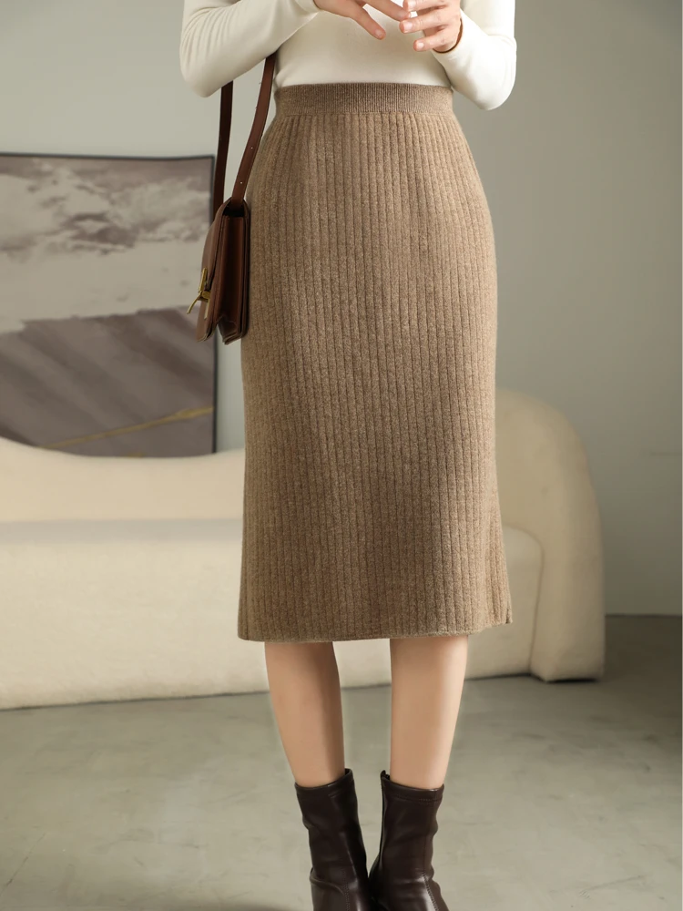 Yoyoselect New Women 100% Merino Wool Skirt Autumn Winter Pleated High Waist Skirt Office Lady Grace Dress Cashmere Knitwear