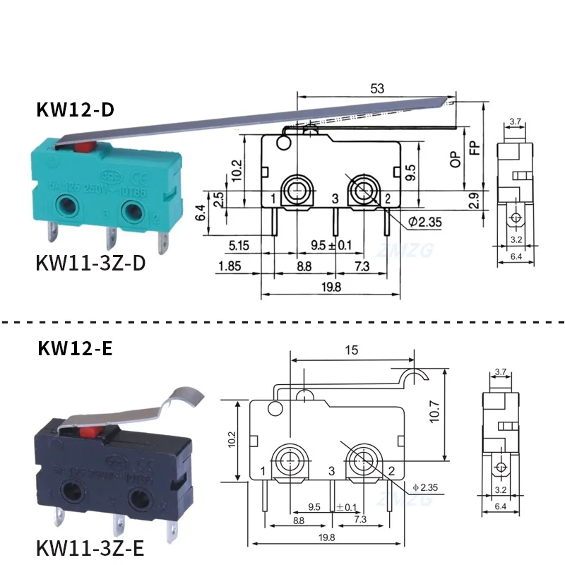 KW12 Reiseendschalter-Kontakt-Knopf KW11-3Z-2 Mikroschalter mit geradem Schaft, dreipolig, 5A 125V/250V – Detail 4