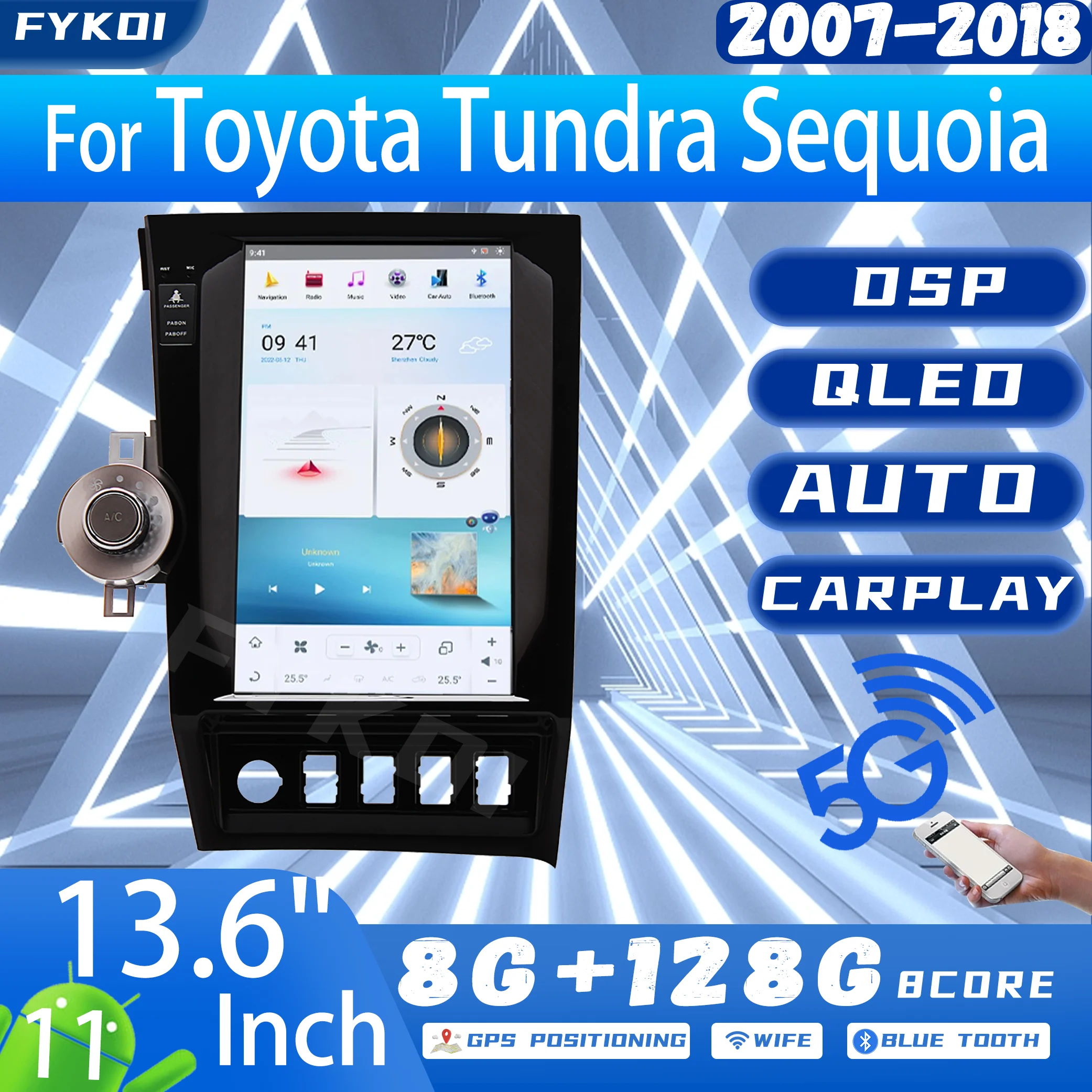 

FYKOI Car Radio For Toyota Tundra Sequoia 2007-2018 Automotive Multimedia Carplay Android Auto Bluetooth Tesla Style GPS 4G WIFI