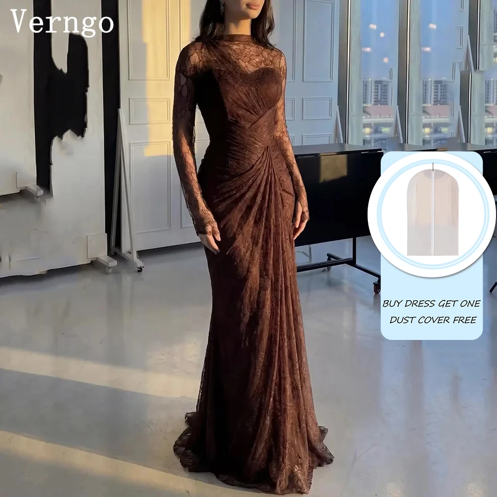 Verngo Brown Lace Evening Dress High Neck Full Sleeves Mermaid Prom Gowns Pleated Arabia Formal Occasio Dress Customized
