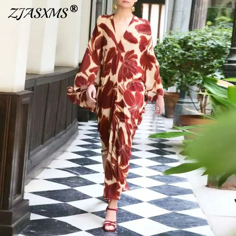 女性用ボヘミアンフローラルプリントスプリットイレギュラーワンピース 春 Vネック ルーズロングプルオーバーワンピース 新作 秋 フレアロングスリーブイブニングドレス