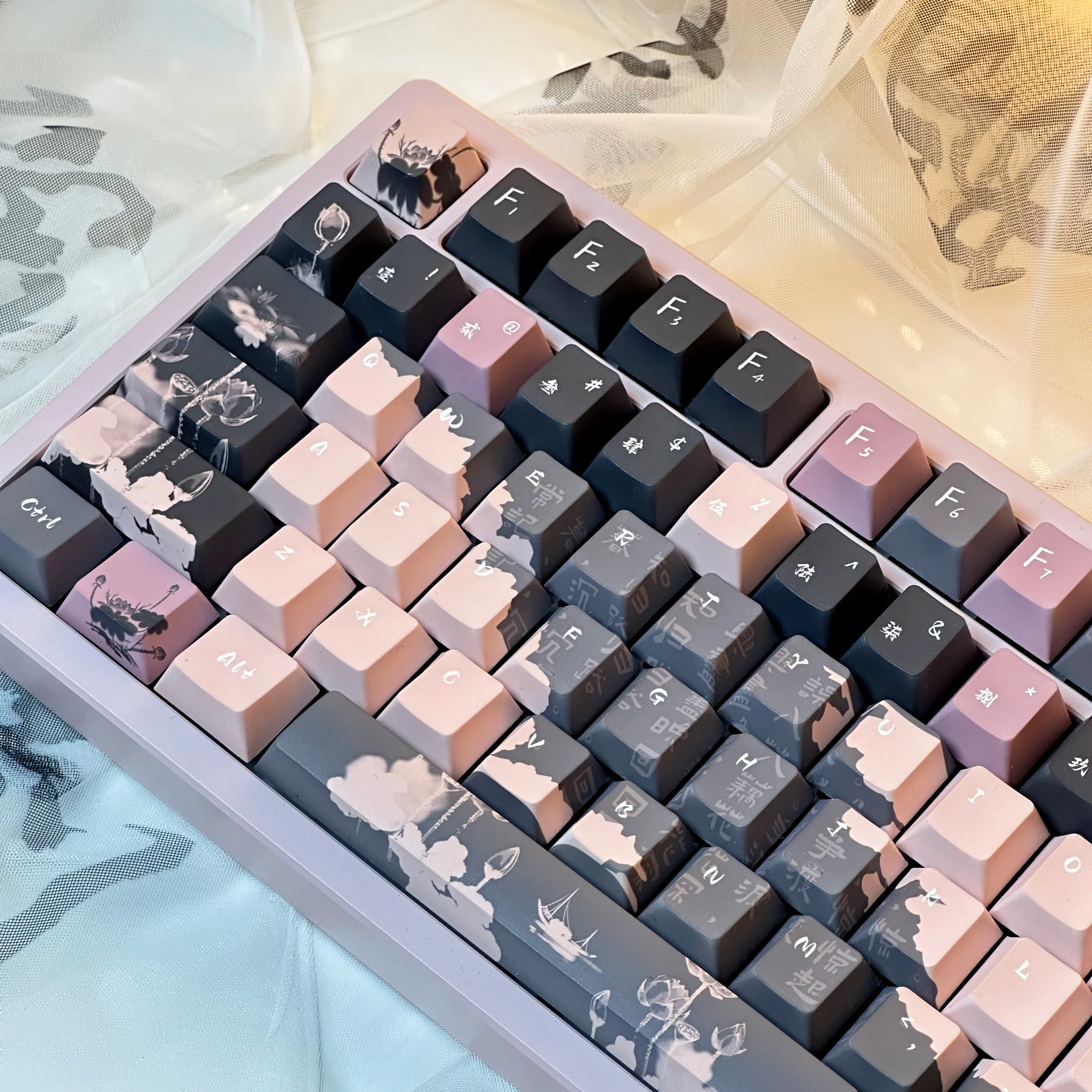 Keycap teclado estilo chinês, sublimação completa de cinco lados, tinta de lótus, rosa, preto, cereja, rumengling, teclado mecânico, 140 teclas