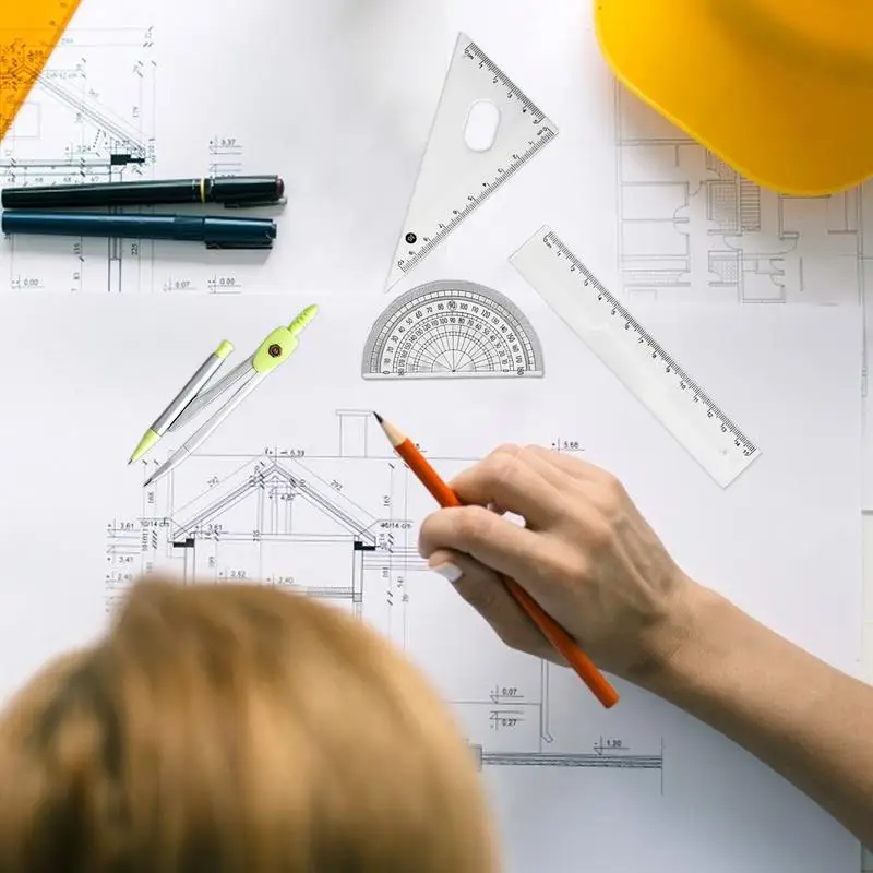 Inquebrável Régua Transferidor e Bússola Set, Ferro Box, Exato Matemática Transferidor, 7X