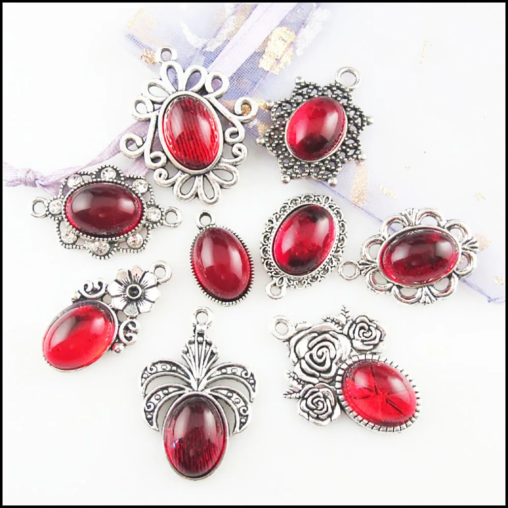 Fashion New Clover Flower Rose Oval Charms 10x14mm Red Glaze Tibetan Silver Plated Pendants Retro