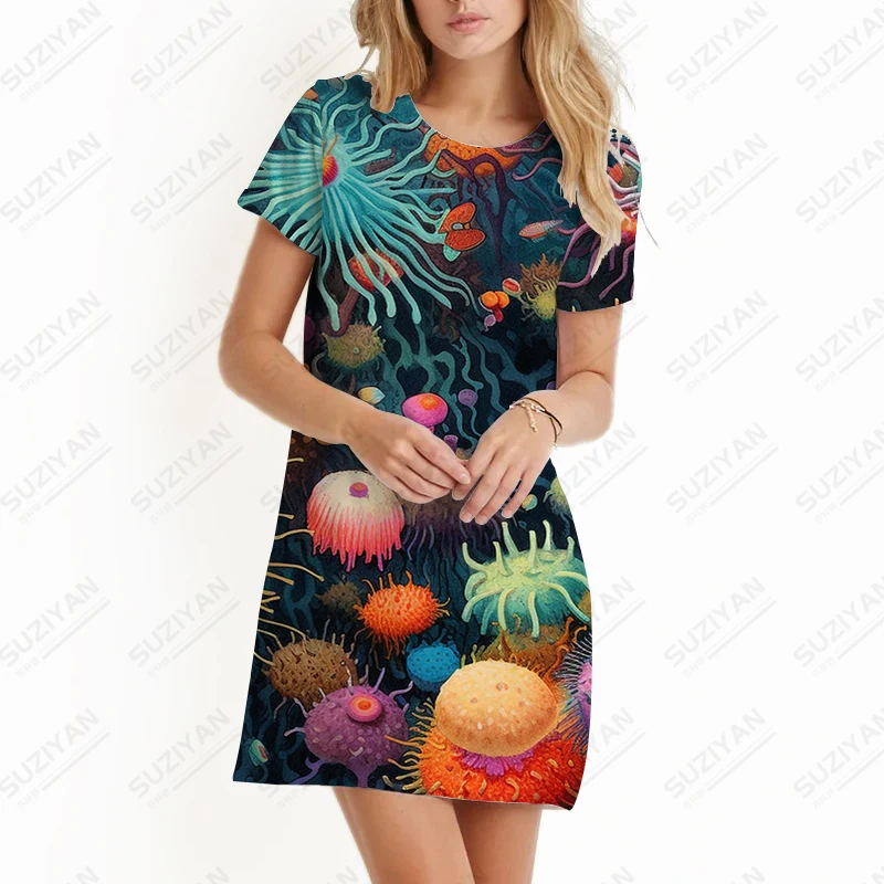 2023 Summer Ladies Party Dress Underwater World 3d Printing Dress Holiday Casual Dress Loose Casual Dress Round Neck Dress