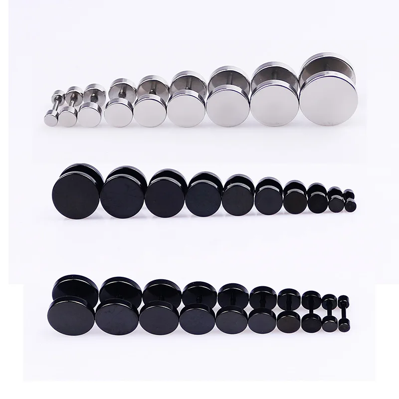 1 Pairs Man Women Earring Flat Round Barbell Punk Gothic Stainless Steel Ear Studs Black Siver Ear Jewelry