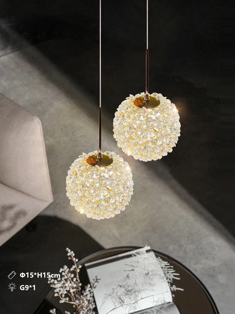 Romantic Crystal Bedhead Pendant Light Warm Luxury round Ball Long Line Room Decor Small Elegant Lighting