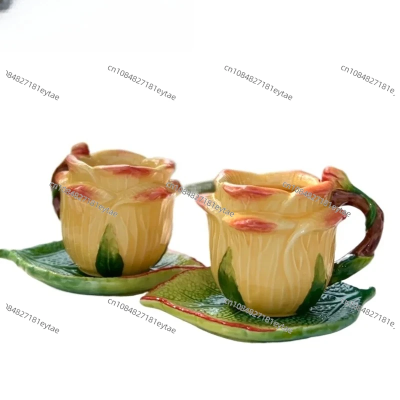 

2-piece Set of Rose Coffee Mugs Underglaze Colored Ceramic Coffee Cup European Style Countryside Flower Tea Cup Home Gift Box