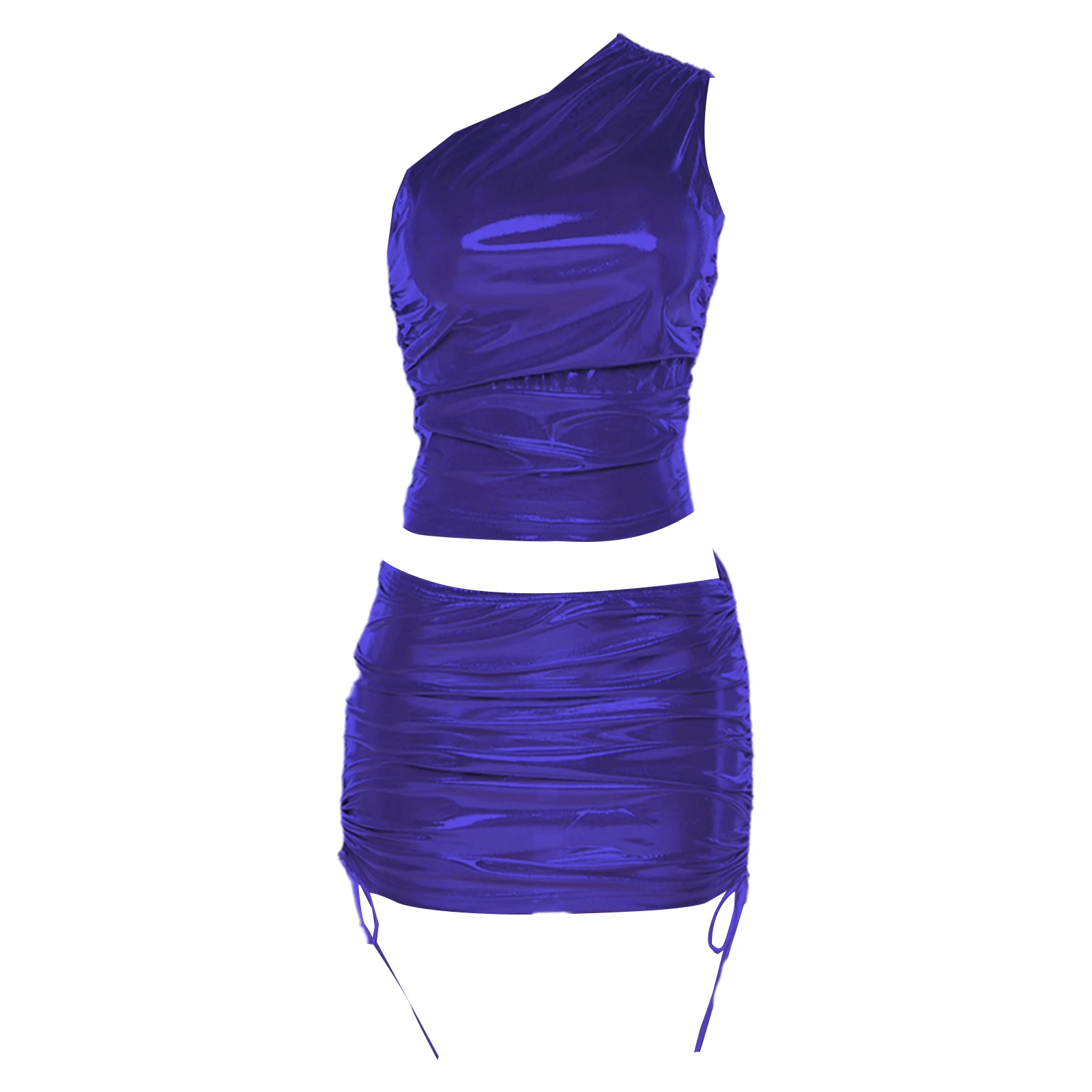 Conjunto metálico para mujer, lencería ajustada, ropa para discoteca, Top corto sexy sin mangas con un hombro y minifalda fruncida para fiesta de música Raves