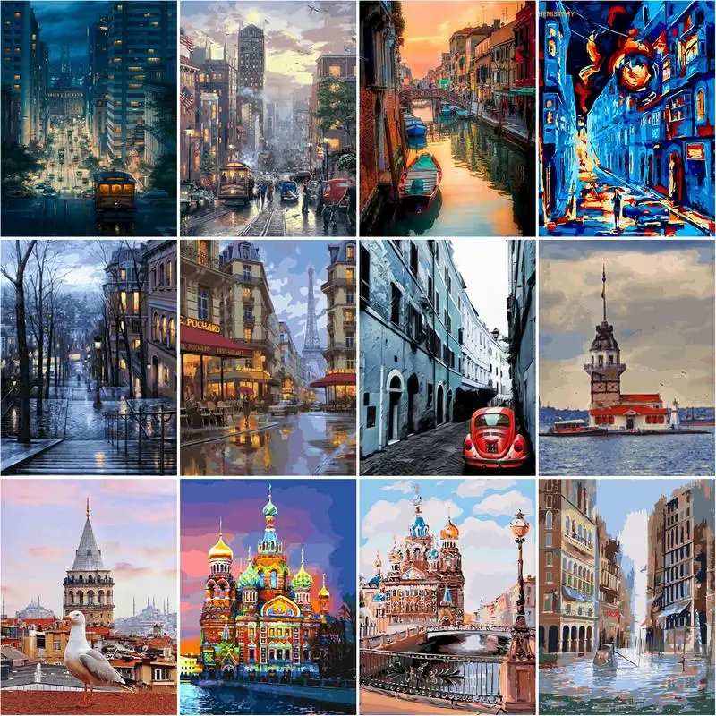 

CHENISTORY Painting By Numbers City House Landscape Oil Picture By Number HandPainted 60x75cm Frame Modern Home Decorations