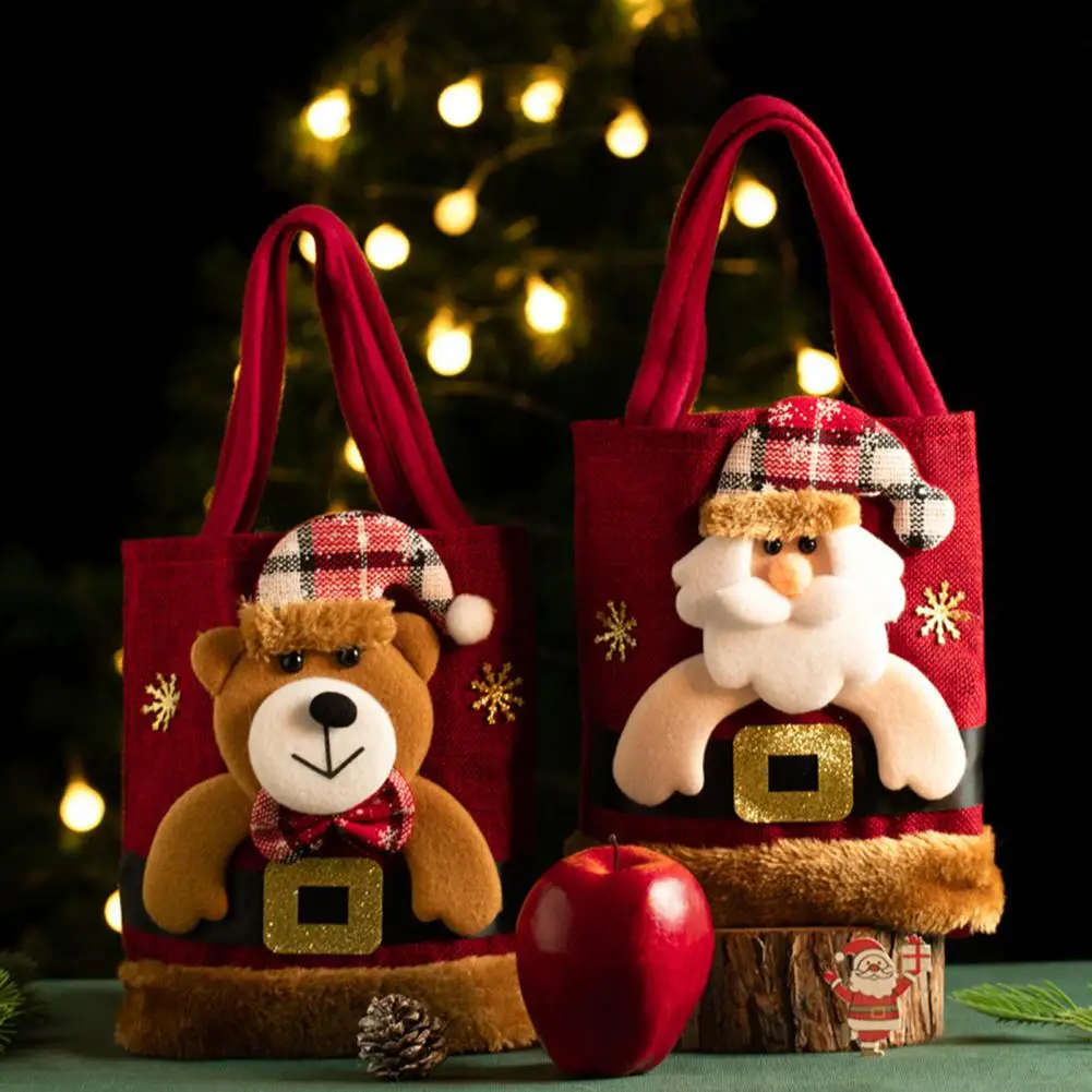 Christmas Gift Bag 3D Santa Claus Snowman Deer Candy Bag Reusable Cartoon Xmas Kids Tote Bags for New Year Festive Fruit Snack