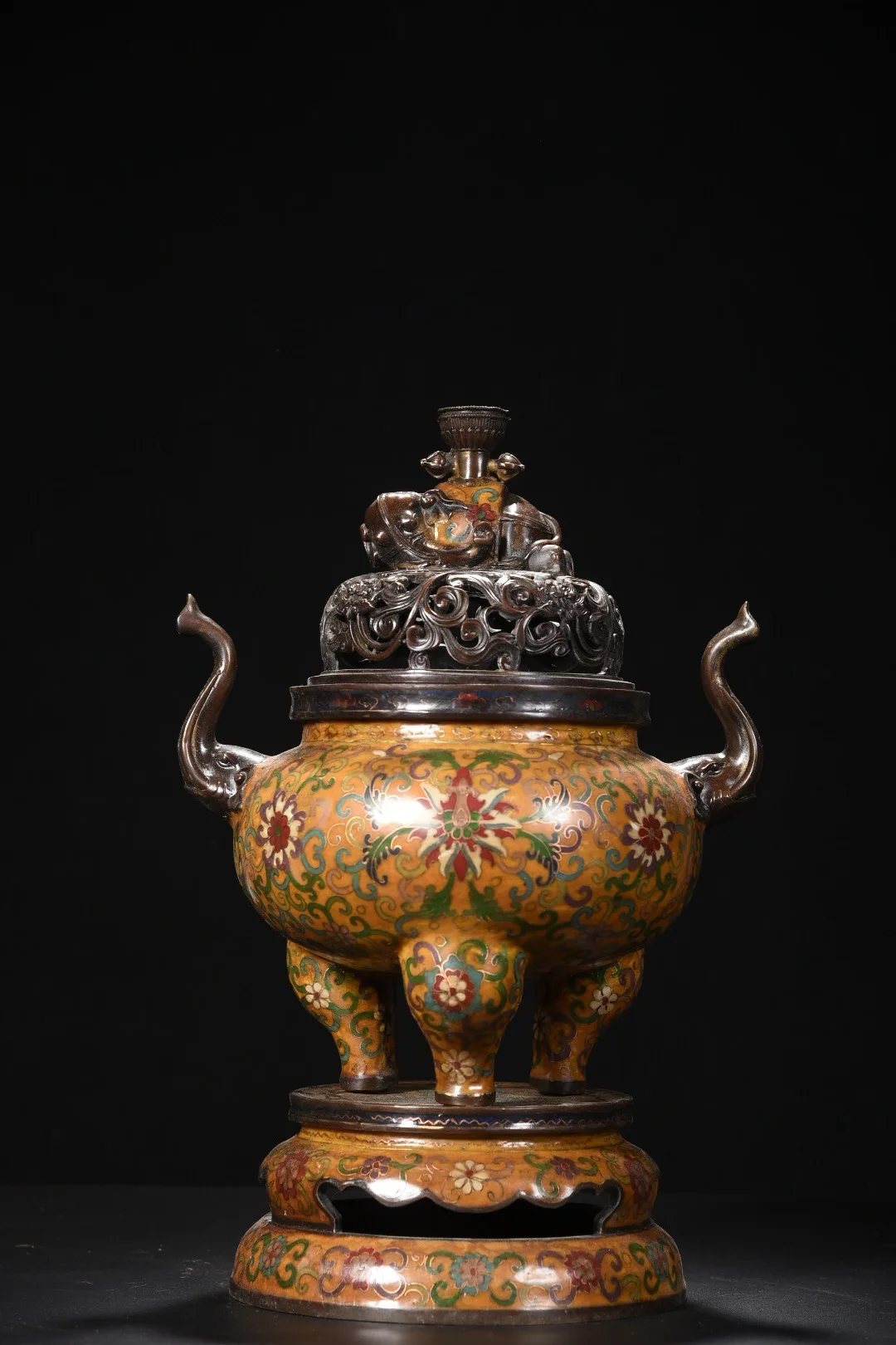 

16"Tibetan Temple Collection Old Bronze Cloisonn Elephant Taiping Elephant Trunk Ear Incense Burner Base Amass wealth Town house