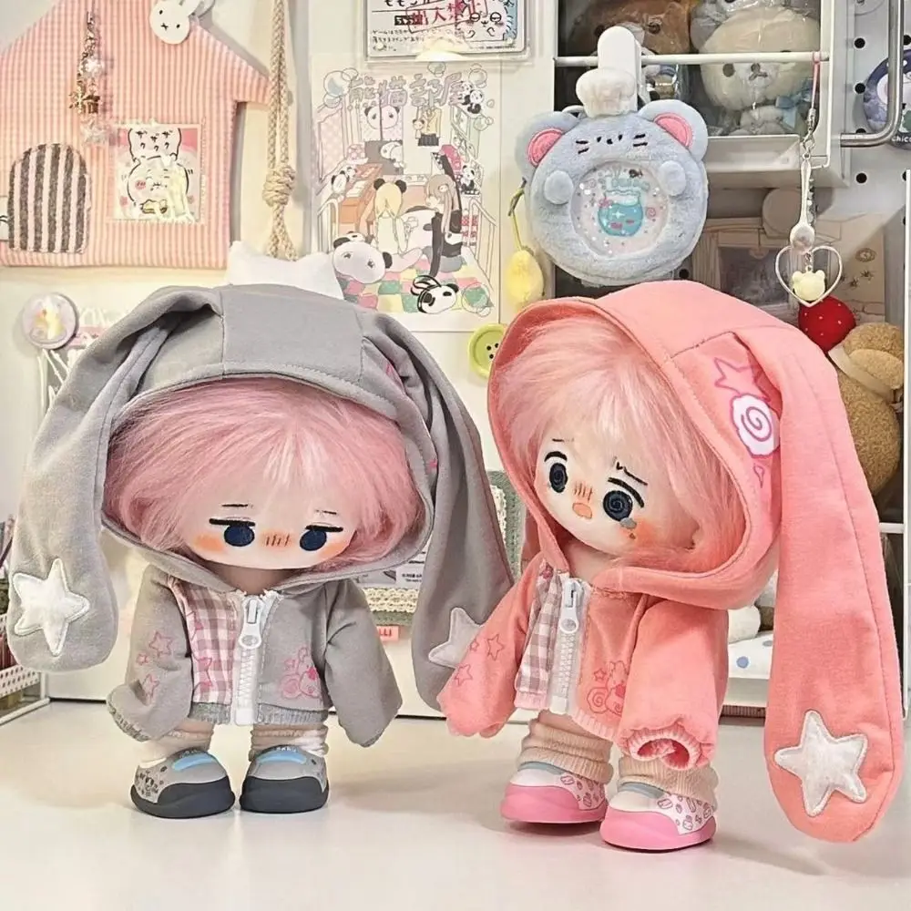 Ubranka dla lalek 20 cm Różowo-szare Królicze Uszy z Kreskówki Płaszczyk z Króliczymi Uszami Rekwizyty do Zdjęć Zabawa w Dom Mini Bluza Kurtka Prezent