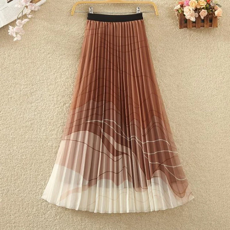 Sumemr New Fashion Elastic Waist A-line Skirt Women High Street Loose Elegant Pleated Printing Lace Patchwork Female Clothing