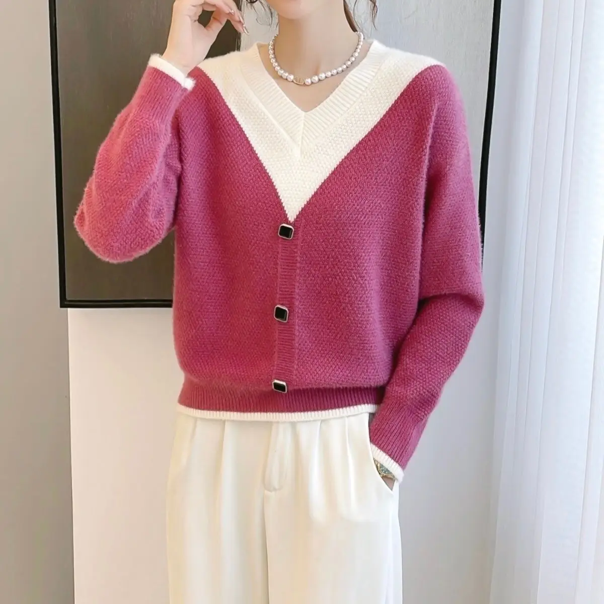 

Sweater Woman Autumn New Loose Knitted with Button Straight Fashion Solid Color Knitwears Jumpers Pullovers T90