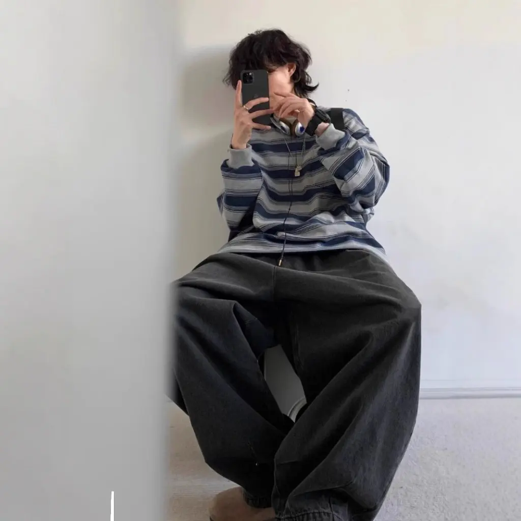 Camisa de manga larga de estilo japonés Retro Sea Soul para niños y niñas primavera otoño pareja cuello redondo Base de moda a rayas