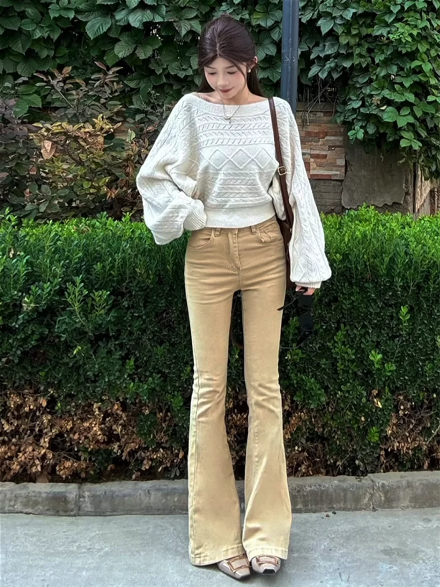 

American Style High Waist Slimming Jeans Women's Bell Bottom Elastic Floor Length Cotton Denim Pants Tapered Fit Stretchy