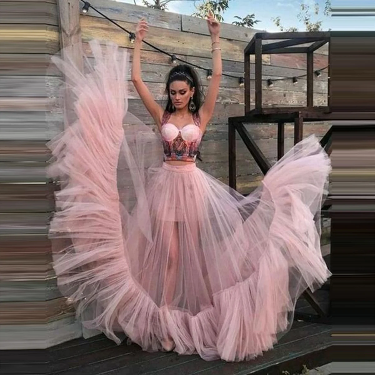 

Charming Pink See Through Long Skirt Elastic Waist A Line Ruffles Women Skirt To Party Custom Color Size Tutu Skirt Formal Wear