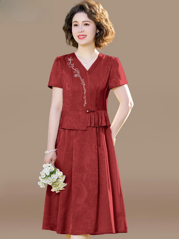 

Ele Mommy Wedding Dr Faionable Vintage Sle Mid-Length Skirt Svel V-Ne Polyester Fabric Spring Autumn Summer