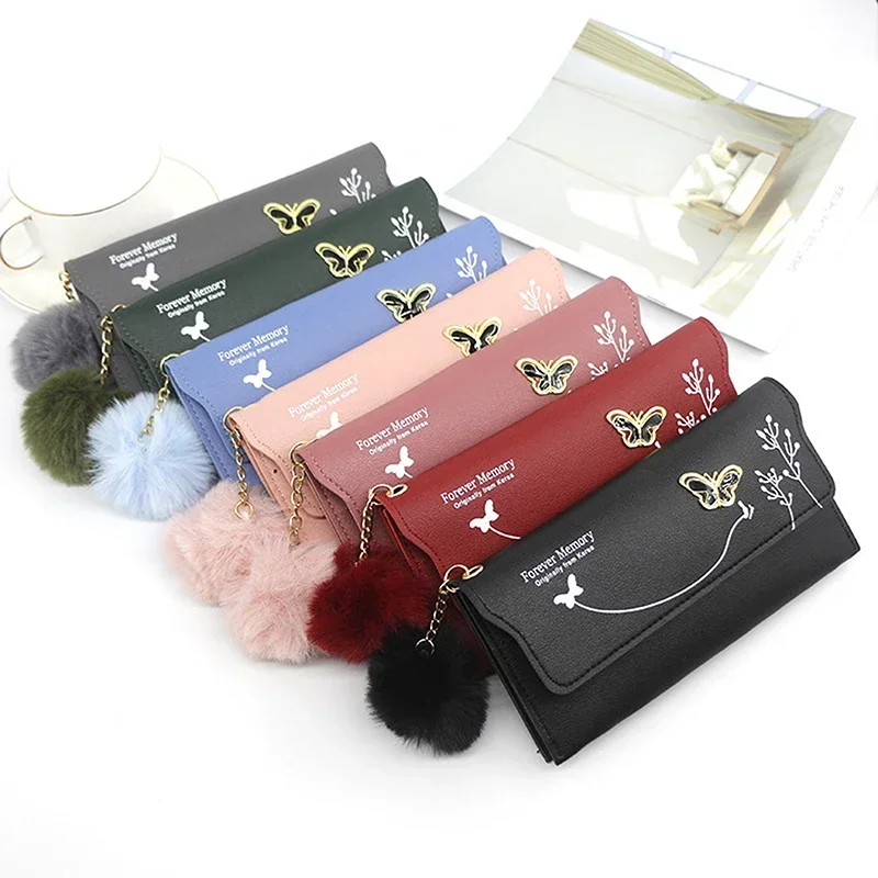 

Butterfly Designer Women Long Wallets PU Money Bag Solid Wool Ball Bow Clutch Bag Large Capacity Card Bag Coin Purse