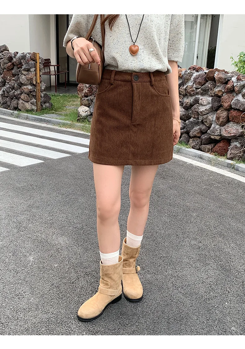Women's High-Waist A-Line Short Skirt Spring Autumn Retro Brown Corduroy Skirts Woman Solid Color Straight Leg Pencil Skirt Mini