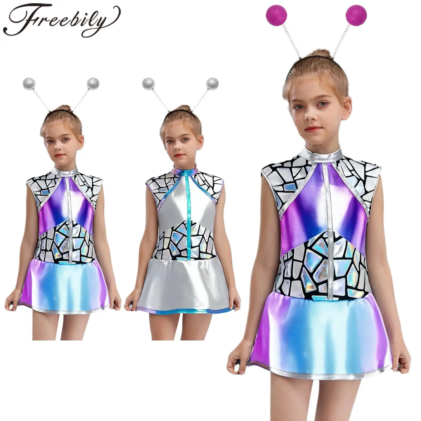 

Girls Silver Alien Costumes Shiny Metallic Cosmic Astronaut Fancy Dress Kids Glitter Hair Hoop for Halloween Theme Party Outfits