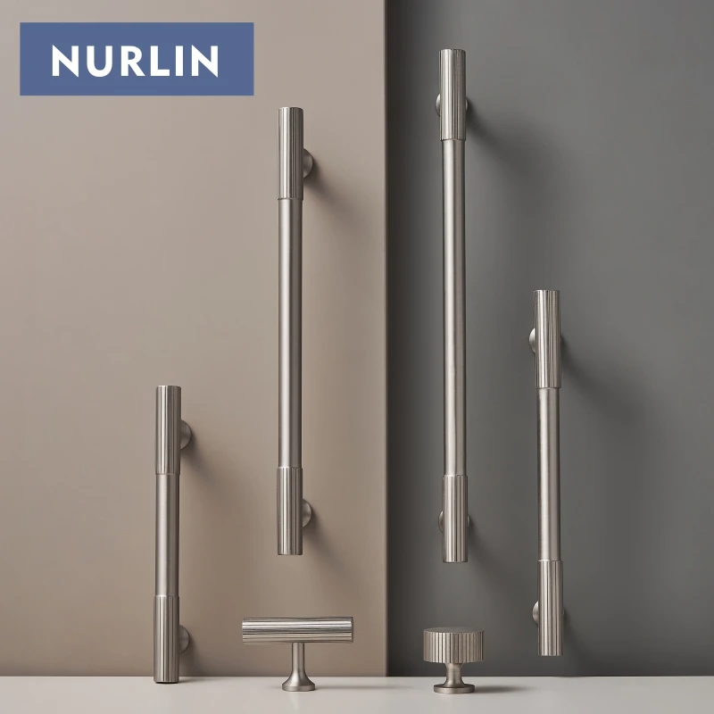 Nurlin Solid Brass Art Deco Style Vertical Lines Linear Kitchen Cabinet Knobs Silver Nickel Drawer Handle Pull
