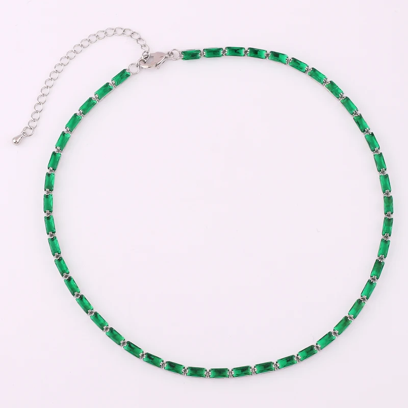 Green Cubic Zirconia Tennis Chokers Necklaces For Women Collier Crystal Luxury Bling Short Clavicle Chain Necklaces Jewelry