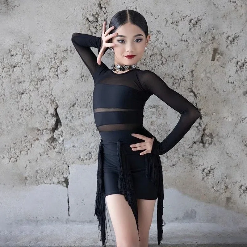 Child Latin Dance Dress Mesh Long Sleeves Top Fringe Skirt Set Cha-cha Samba Training Suit Clothes Performance Costume for Girls