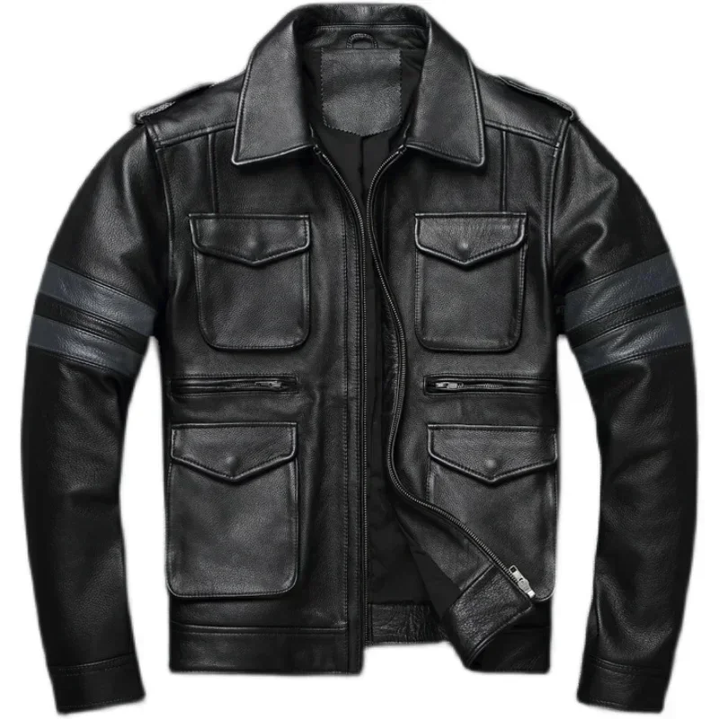 Classic Men Leather Jacket Long Genuine Coat Slim Fit Cowhide Mens Hunting Autumn кожаная куртка мужская