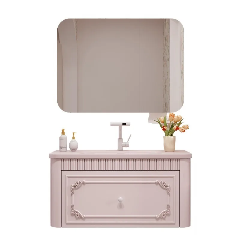 

Bathroom cabinet light luxury high-end seamless rock slab integrated ceramic washbasin European carved washstand