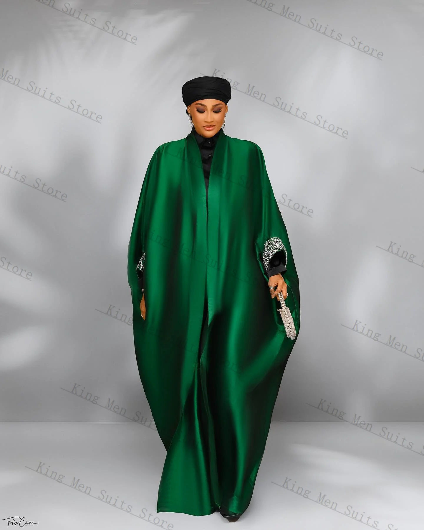 Green Satin Women Suit 1 Piece Long Blazer Prom Dress Robes Customized Formal Office Lady Crystals Wedding Tuxedos Party Coat