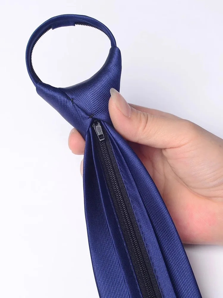 High Quality Navy Blue Solid Color Zipper Tie For Men‘s 8CM Standard Business Banquet Formal Shirt Accessories Knot Free Cravat